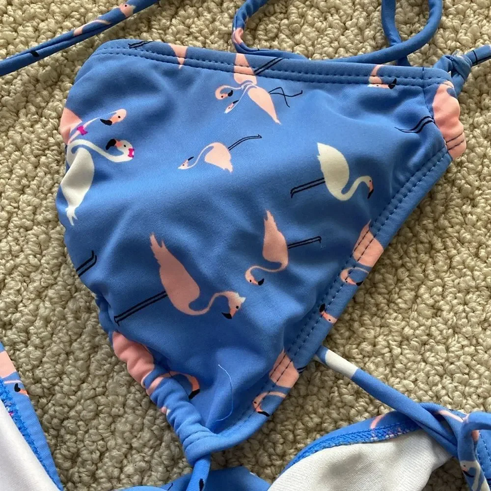 OP Girls Flamingo Bikini Set Triangle Adjustable Straps Blue Pink Size Large EUC